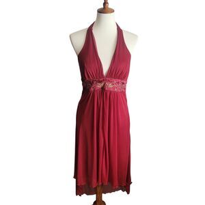 Trixxi Y2K Babydoll Dress Women's Large Red Asymmetric High Low Midi Embroidered